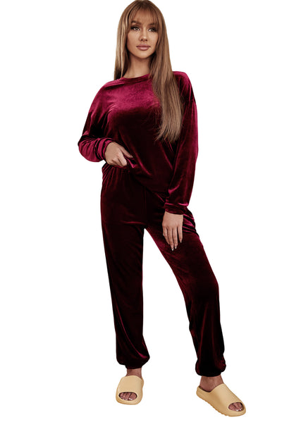 Fiery Red Solid Velvet Two Piece Lounge Set-Loungewear-MomFashion