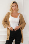 Camel Pointelle Knit Pocket Open Front Cardigan-Tops-MomFashion