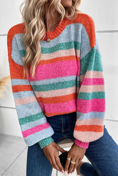 Multicolor Striped Knit Drop Shoulder Puff Sleeve Sweater-Tops-MomFashion