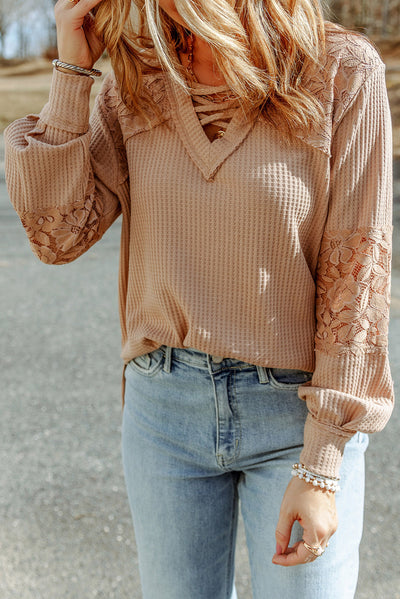 Apricot Lace Waffle Patchwork Strappy V Neck Long Sleeve Top-Tops-MomFashion