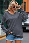 Gray Solid Ribbed Knit Round Neck Pullover Sweatshirt-Tops-MomFashion