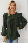 Blackish Green Lace Eyelet Ruffle Shoulder Long Sleeve Blouse-Tops-MomFashion