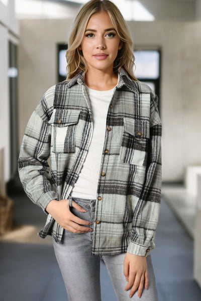 Medium Grey Plaid Flap Pockets Shacket-Outerwear-MomFashion