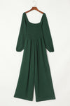 Green Smocked Square Neck Long Sleeve Wide Leg Jumpsuit-Bottoms-MomFashion