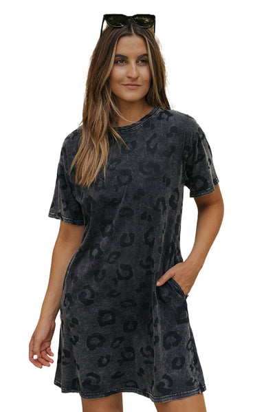 Gray Vintage Washed Leopard T-Shirt Dress with Pockets-Dresses-MomFashion