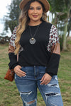 Black Leopard Sequin Patch Plus Size Long Sleeve Top-Plus Size-MomFashion