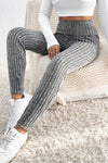 Gray Wide Waistband Ribbed Textured Knit Leggings-Bottoms-MomFashion