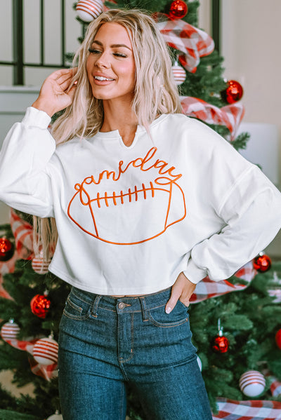 Bright White Game Day Lettering Rugby Notched Neck Sweatshirt-Tops-MomFashion