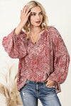 Fiery Red Pleated Lantern Sleeve Abstract Print Blouse-Tops-MomFashion