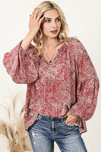 Fiery Red Pleated Lantern Sleeve Abstract Print Blouse-Tops-MomFashion