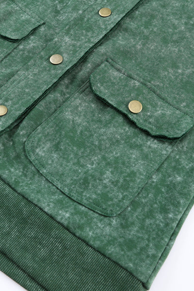 Green Vintage Washed Flap Pocket Button Shacket-Outerwear-MomFashion