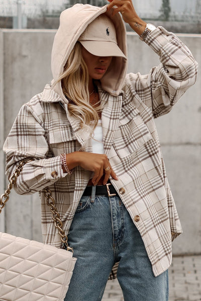 Khaki Plaid Removable Hood Buttoned Shacket-Outerwear-MomFashion