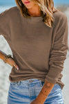 Dark Brown Waffle Knit Drop Shoulder Long Sleeve Top-Tops-MomFashion