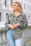 Black Plaid Print Chest Pockets Buttoned Tunic Shacket-Outerwear-MomFashion