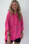 Rose Red Exposed Seam Button Neck Wide Sleeve Tunic Top-Tops-MomFashion