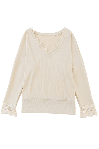 Apricot Ribbed Texture Lace Trim V Neck Long Sleeve Top-Tops-MomFashion