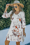 White V Neck 3/4 Sleeve Floral Dress-Dresses-MomFashion