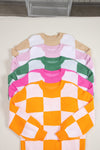 Orange Checkered Bishop Sleeve Sweater-Tops-MomFashion