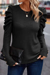 Black Solid Color Textured Buttoned Gigot Sleeve Top-Tops-MomFashion