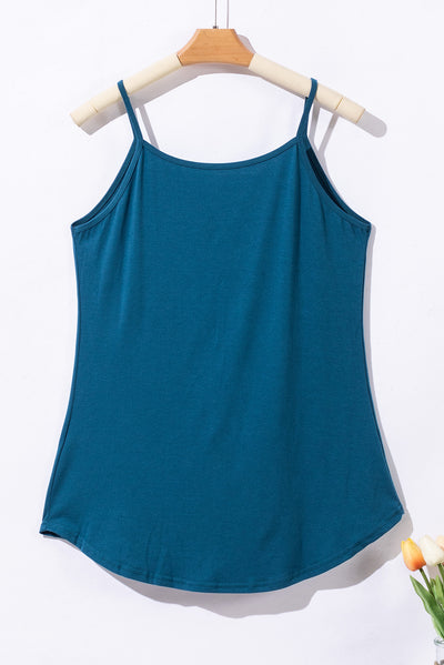 Peacock Blue Spaghetti Strap V-Neck Flowy Tunic Tank Top-Tops-MomFashion