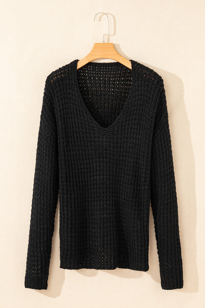 Black Hollow-out Crochet V Neck Sweater-Tops-MomFashion