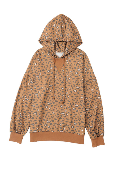 Leopard Long Sleeve Drawstring Cropped Hoodie-Tops-MomFashion