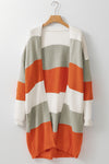 Orange Striped Color Block Drop Shoulder Midi Cardigan-Tops-MomFashion