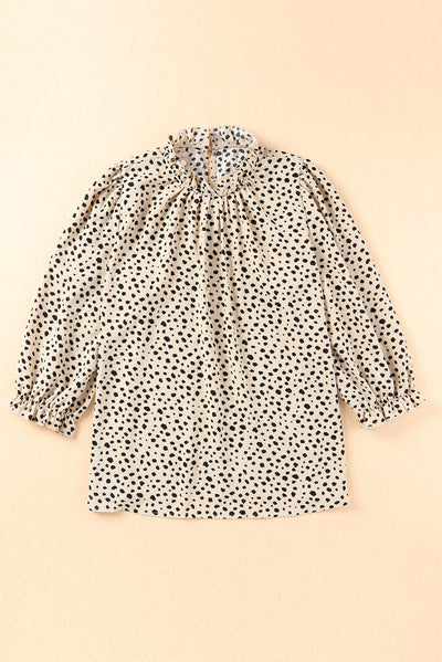 Khaki Frilled Neck 3/4 Sleeves Cheetah Blouse-Tops-MomFashion