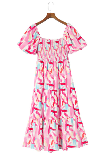 Pink Brush Stroke Printed Smocked Ruffle Tiered Dress-Dresses-MomFashion