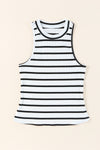 White Striped Print Ribbed O-neck Sleeveless Top-Tops-MomFashion