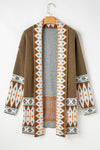 Brown Aztec Print Open Front Knitted Cardigan-Tops-MomFashion