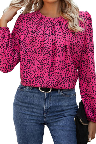 Rose Leopard Print Pleated Blouse with Keyhole-Tops-MomFashion