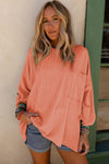 Ribbed Roll-tab Sleeve Chest Pocket Oversize Top-Tops-MomFashion