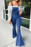 Dark Blue Adjustable Buckle Strap Flare Leg Denim Overalls-Bottoms-MomFashion