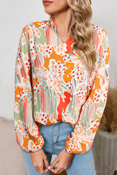 Orange Printed Split V Neck Puff Sleeve Blouse-Tops-MomFashion