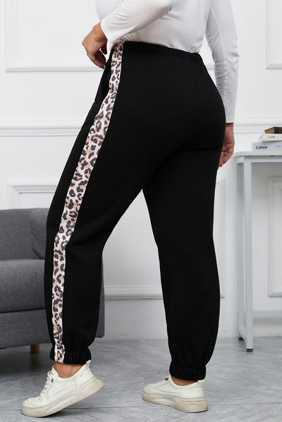 Black Plus Size Contrast Leopard Side Panel Joggers-Plus Size-MomFashion