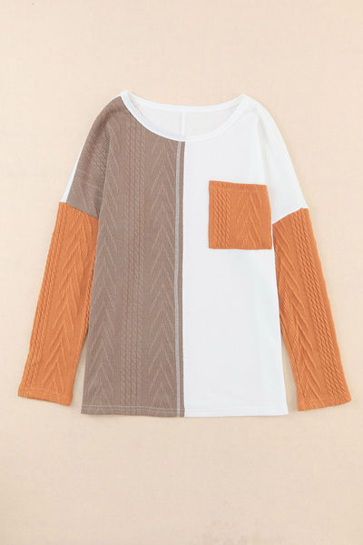 Orange Long Sleeve Colorblock Chest Pocket Textured Knit Top-Tops-MomFashion