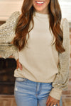 Apricot Leopard Print Long Sleeve Ribbed Knit Blouse-Tops-MomFashion