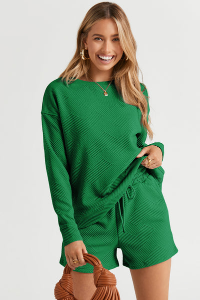 Green Textured Long Sleeve Top and Drawstring Shorts Set-Loungewear-MomFashion