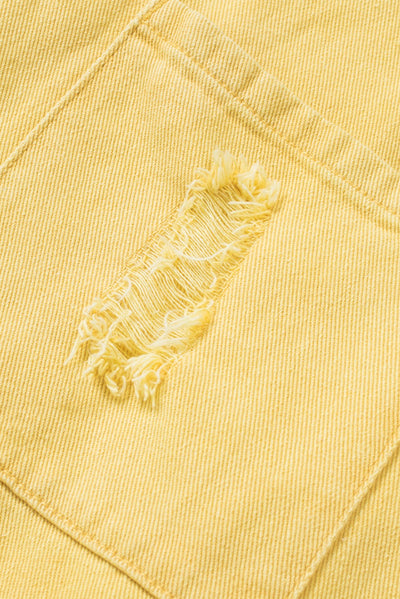 Yellow Distressed Fringe Trim Denim Jacket-Outerwear-MomFashion