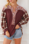 Fiery Red Floral Plaid Mixed Print Bishop Sleeve Patchwork Top-Tops-MomFashion