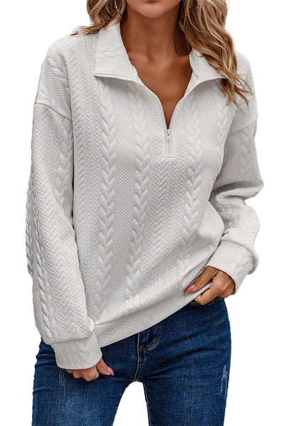 White Zip up Cable Textured Sweatshirt-Tops-MomFashion