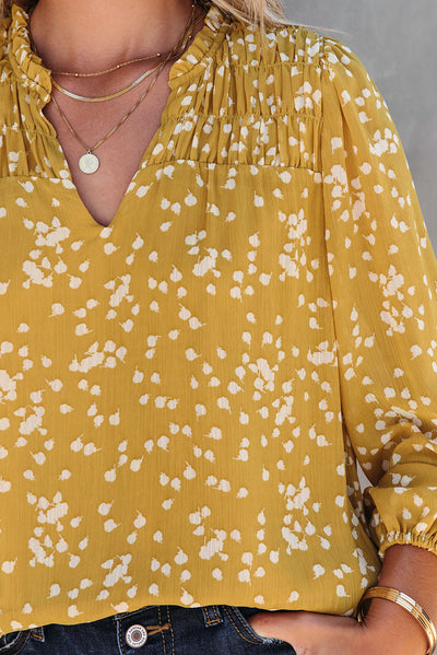 Yellow Split Neck Fall Printed Crinkled Blouse-Tops-MomFashion