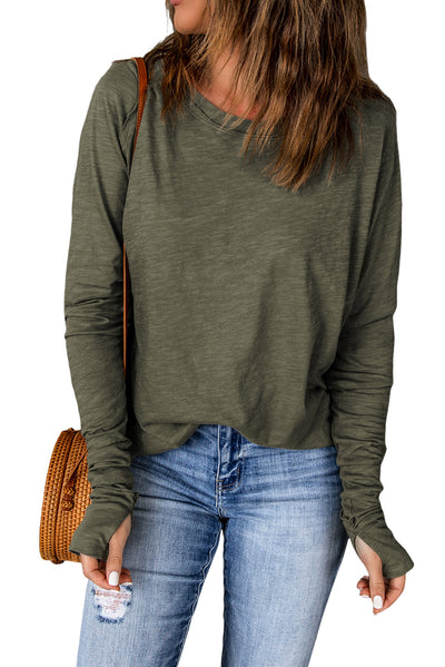 Green Solid Crew Neck Long Sleeve Long Sweatshirt-Tops-MomFashion