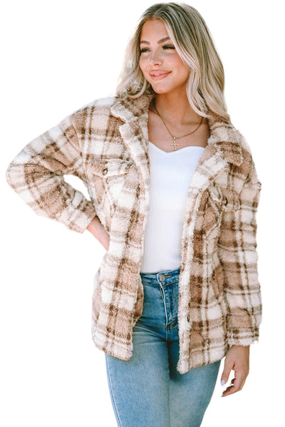 Khaki Sherpa Plaid Button Pocketed Jacket-Outerwear-MomFashion