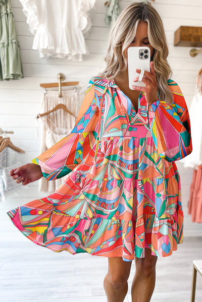 Multicolor Geometric Print Split Neck Ruffle Tiered Mini Dress-Dresses-MomFashion