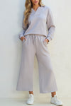 Light Grey Solid Textured Collared V Neck Top and Wide Leg Pants Set-Two Piece Sets/Pant Sets-MomFashion