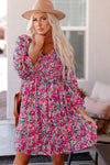 Purple Smocked V Neck Puffy Sleeve Floral Dress-Dresses-MomFashion