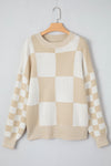 Flaxen Checkered Print Drop Shoulder Sweater-Tops-MomFashion