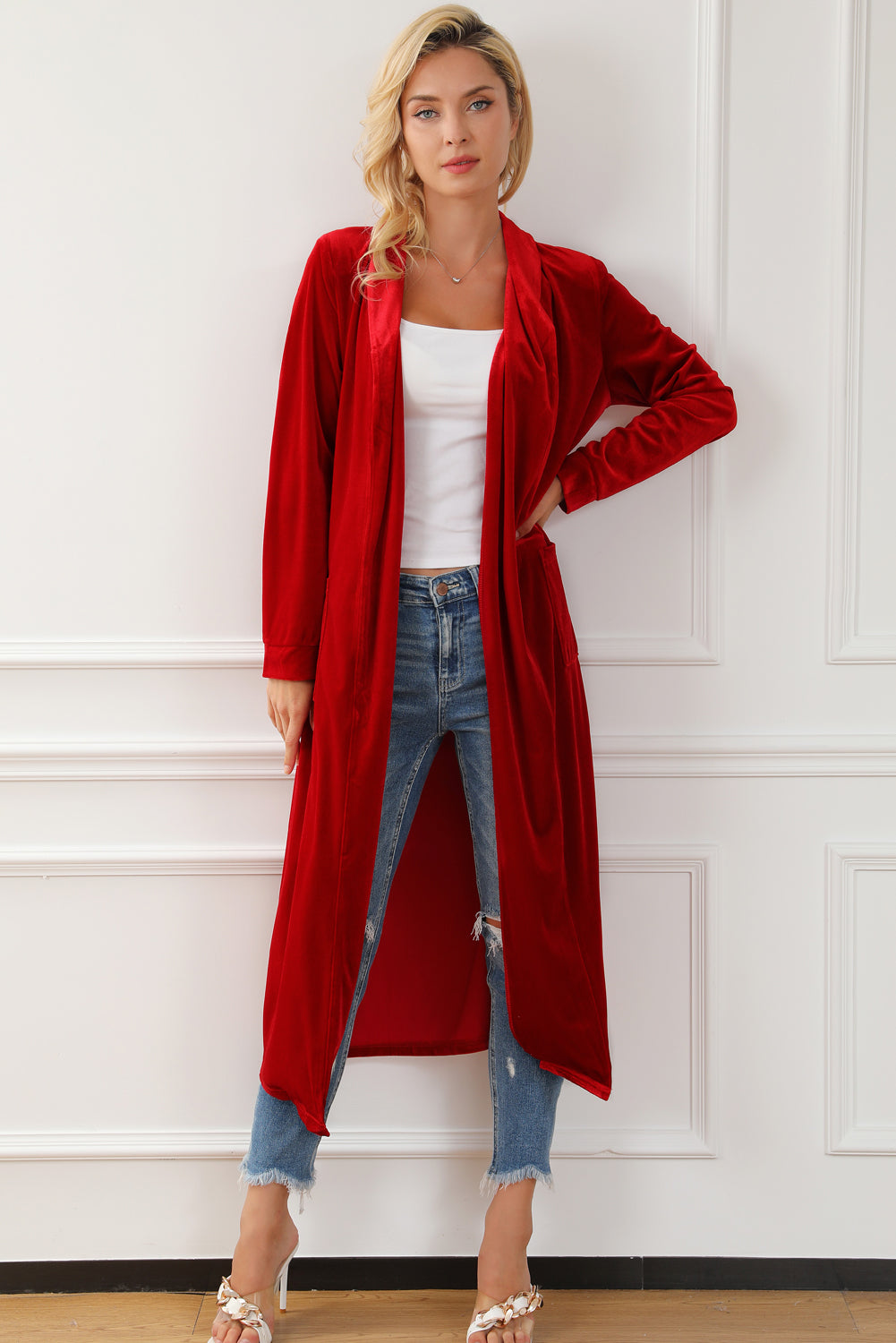 Fiery Red Velvet Open Front Pocketed Long Duster-Tops-MomFashion
